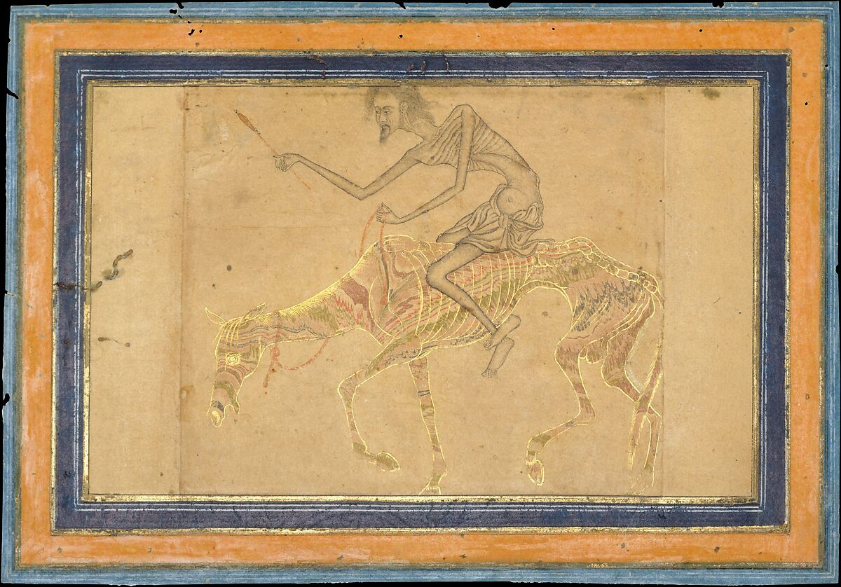 Emaciated Horse and Rider, Ink, opaque watercolor, and gold on paper; marbleized paper