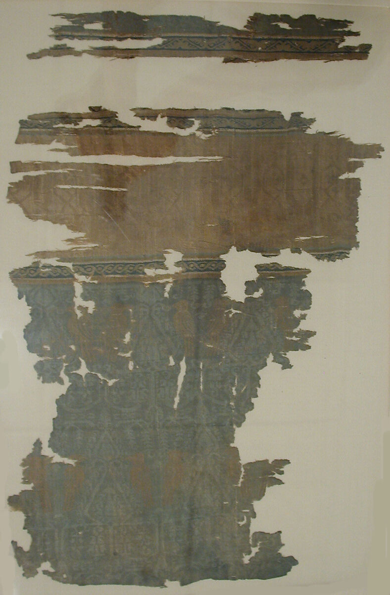 Textile Fragment with Facing Pairs of Birds Flanking a Tree of Life, Silk; samite