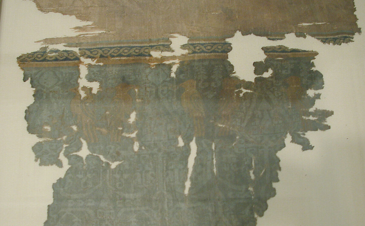 Textile Fragment with Facing Pairs of Birds Flanking a Tree of Life, Silk; samite