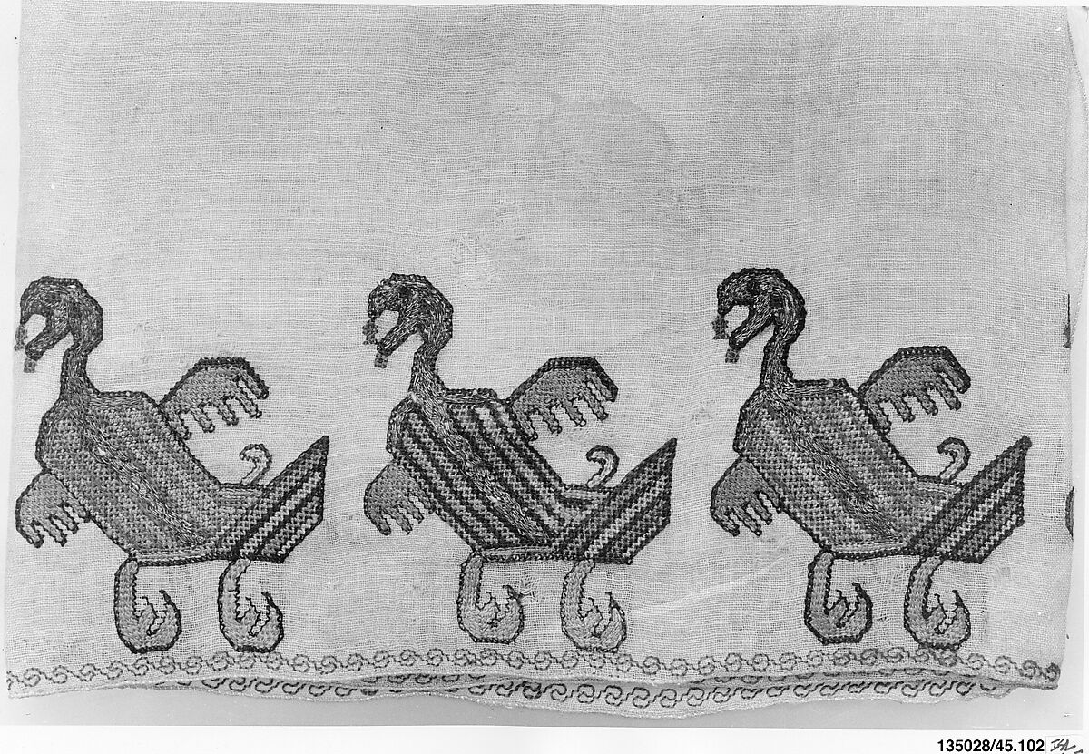 Fragment of Scarf or Cover, Linen, embroidered in silk and metal wrapped thread