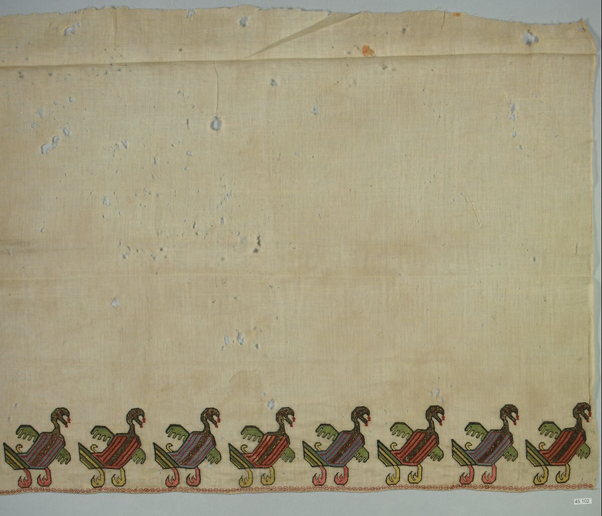 Fragment of Scarf or Cover, Linen, embroidered in silk and metal wrapped thread