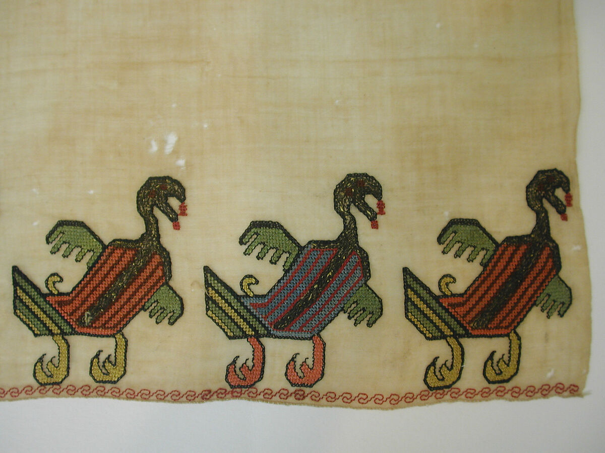 Fragment of Scarf or Cover, Linen, embroidered in silk and metal wrapped thread