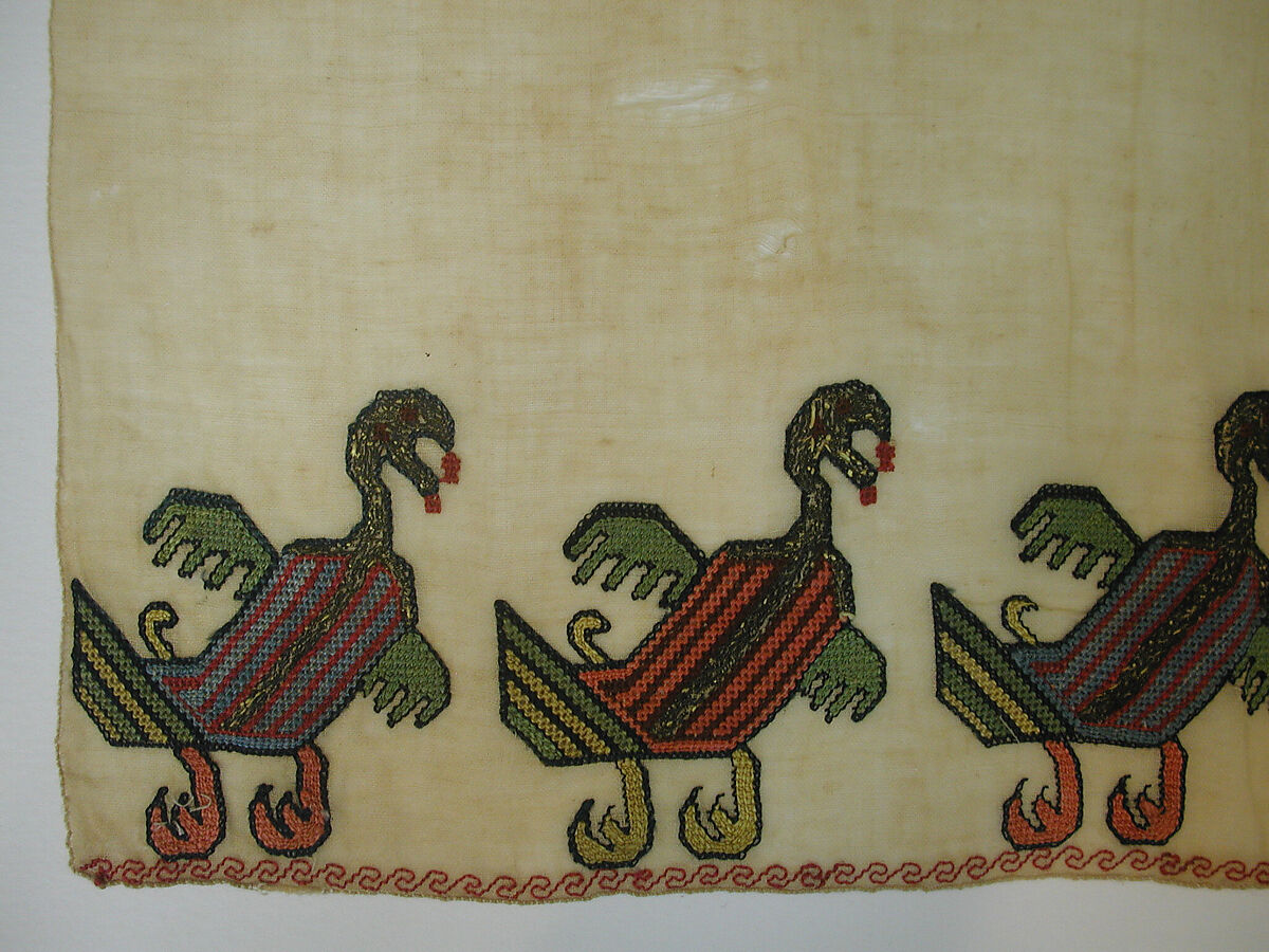 Fragment of Scarf or Cover, Linen, embroidered in silk and metal wrapped thread