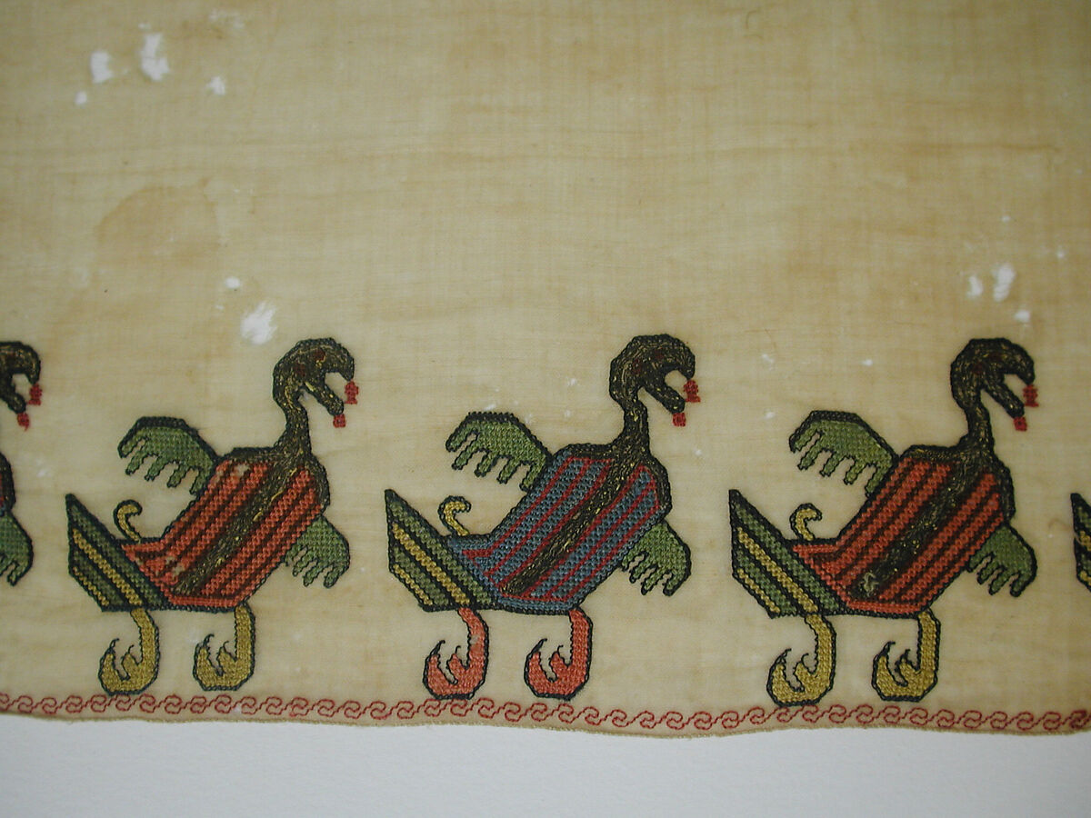 Fragment of Scarf or Cover, Linen, embroidered in silk and metal wrapped thread