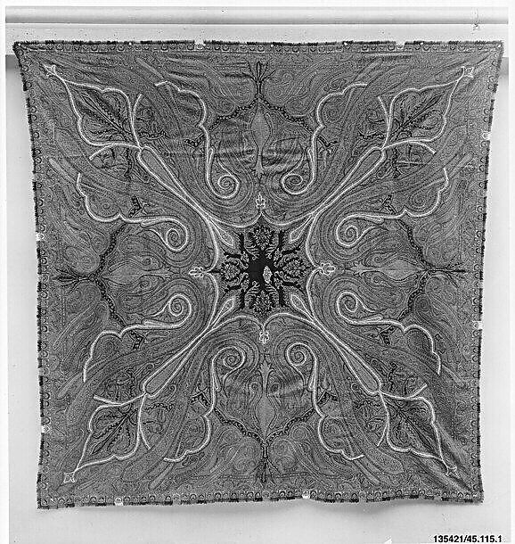 Shawl, Wool; double interlocking twill tapestry weave, embroidered, pieced
