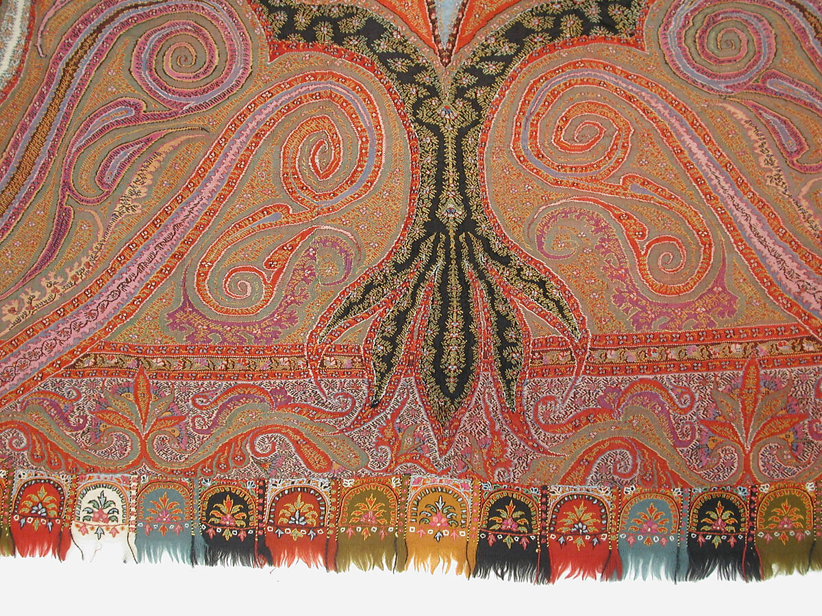 Shawl, Wool; double interlocking twill tapestry weave, embroidered, pieced