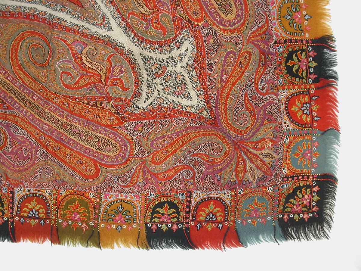 Shawl, Wool; double interlocking twill tapestry weave, embroidered, pieced