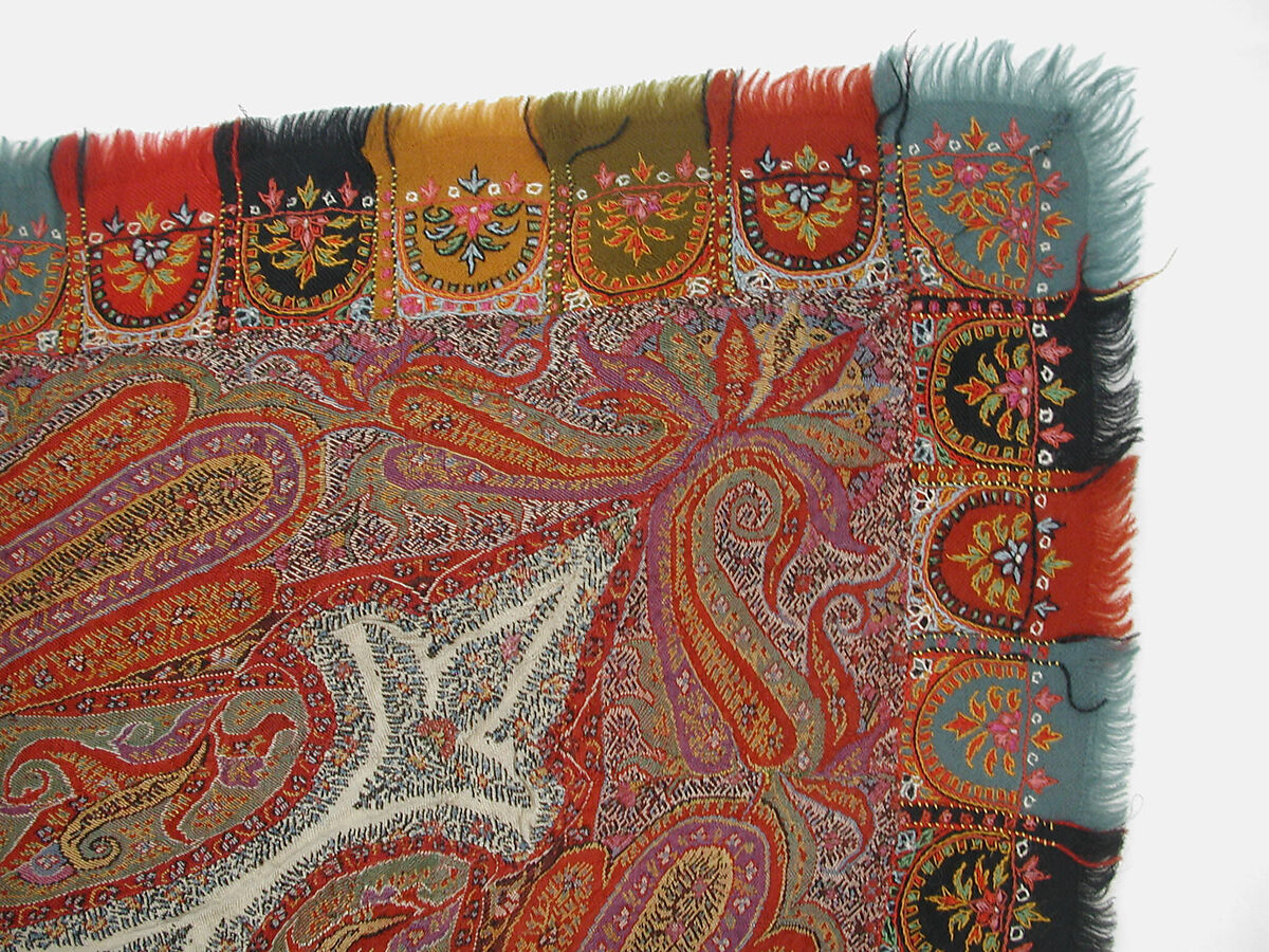 Shawl, Wool; double interlocking twill tapestry weave, embroidered, pieced