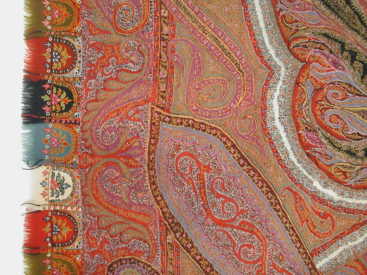 Shawl, Wool; double interlocking twill tapestry weave, embroidered, pieced