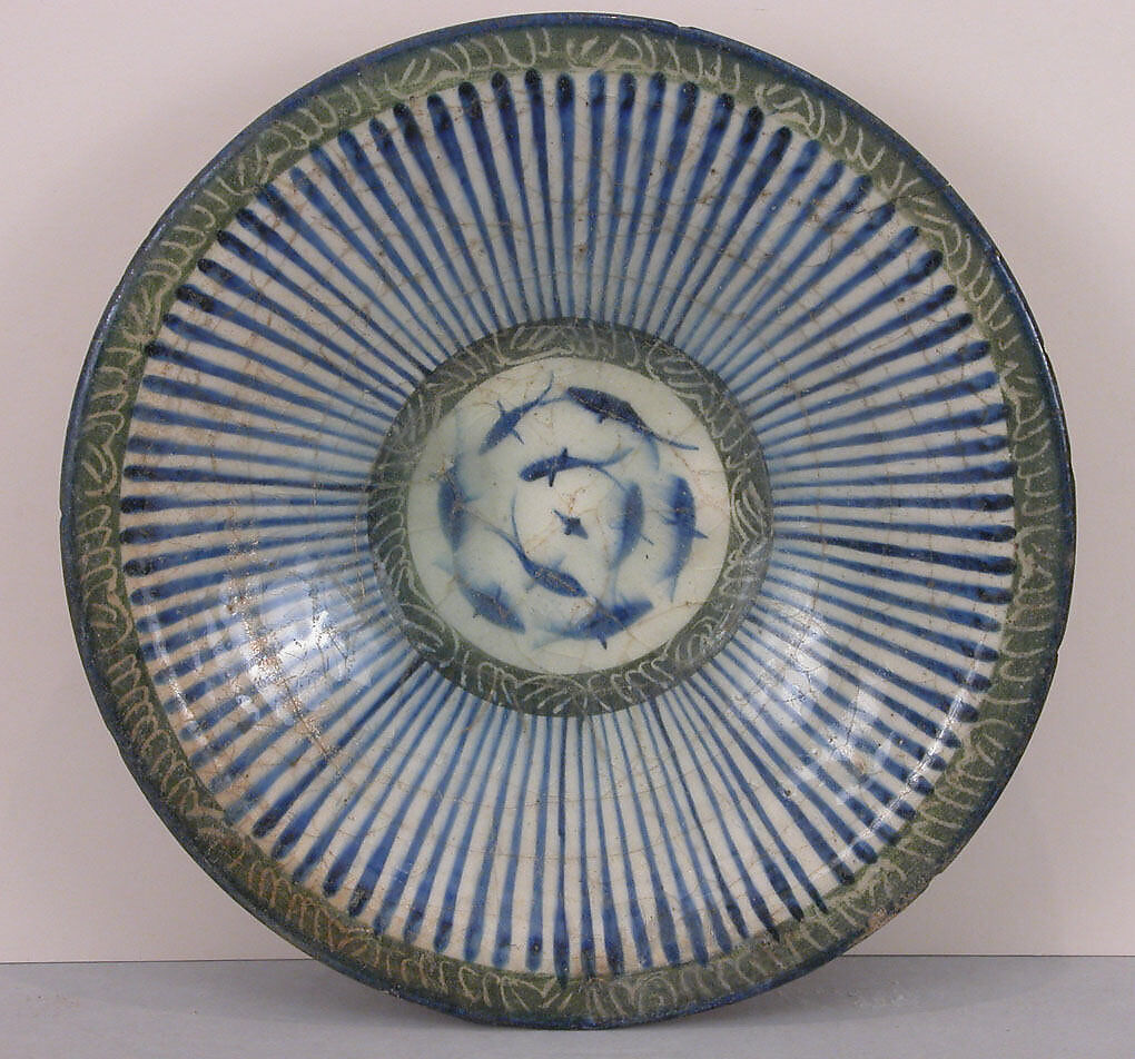Bowl with Central Fish Motif, Stonepaste; incised and polychrome painted under transparent glaze