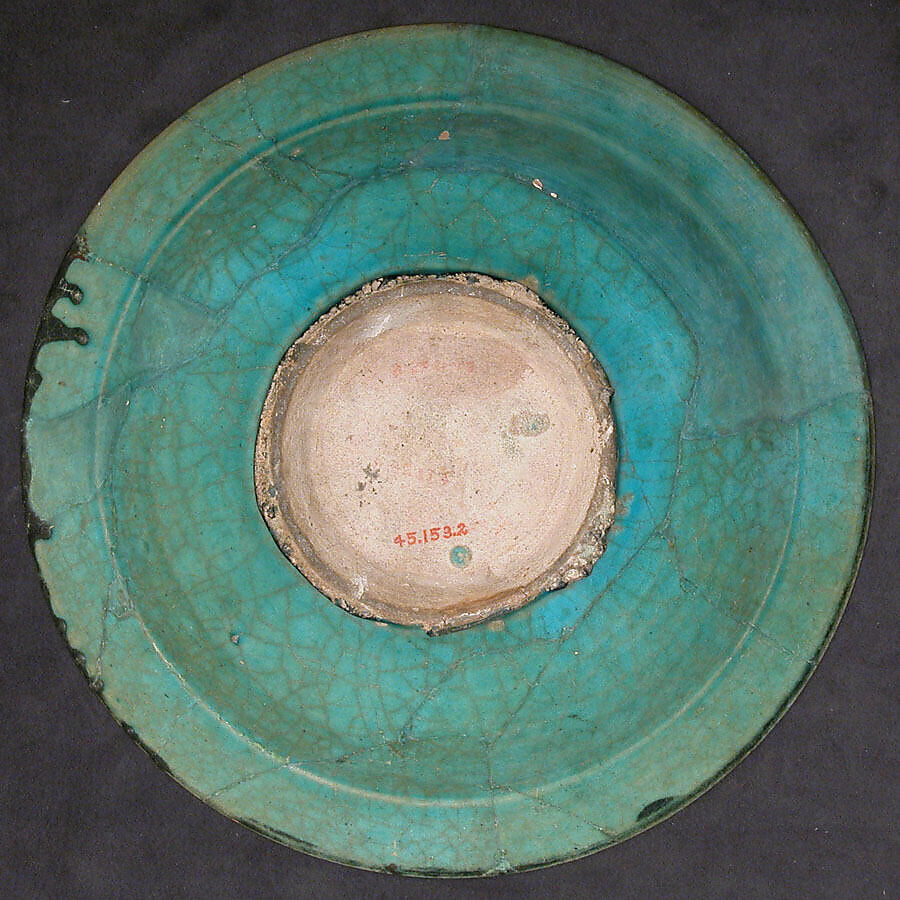 Dish with Horse and Rider, Stonepaste; incised decoration through a black slip ground under a turquoise glaze (silhouette ware)