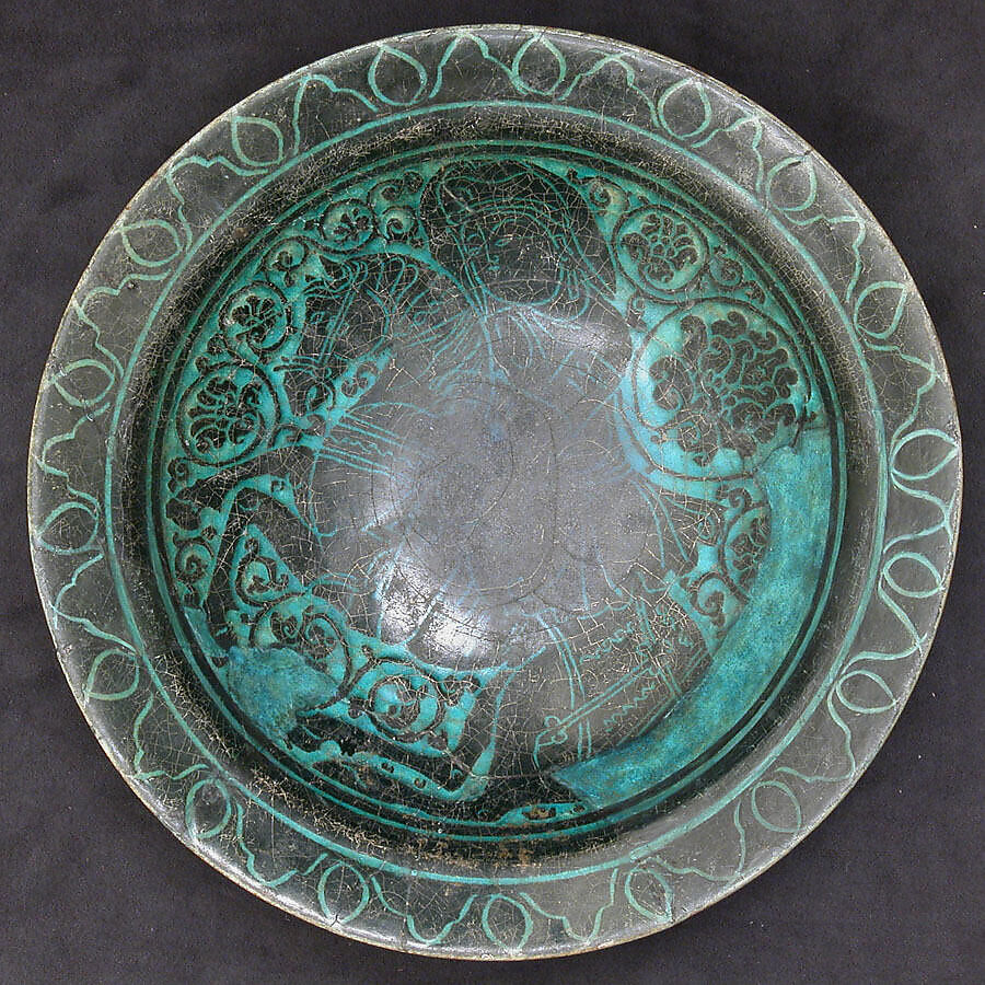 Dish with Horse and Rider, Stonepaste; incised decoration through a black slip ground under a turquoise glaze (silhouette ware) 