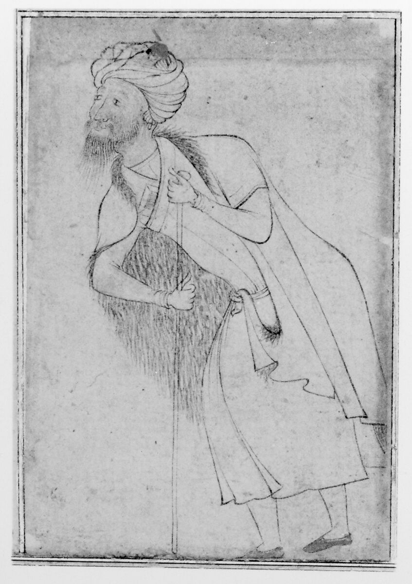 Dervish Leaning on a Staff, Ink, transparent and opaque watercolor, and gold on paper