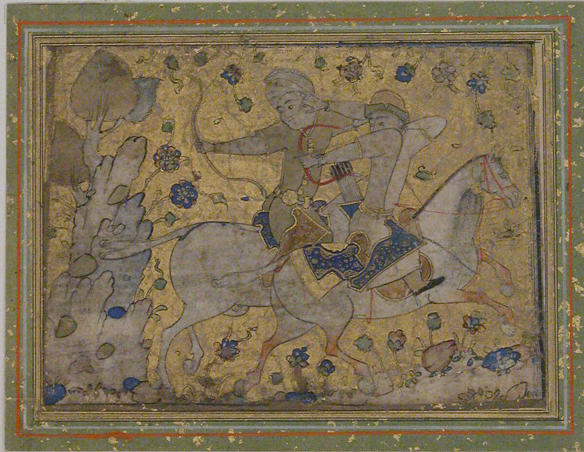 Two Mounted Warriors, Ink, watercolor, opaque watercolor, and gold on paper