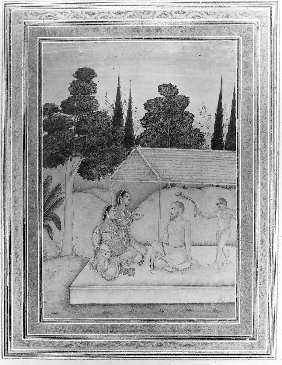 Musicians Entertaining a Holy Man (Sadhu or Fakir), Ink, watercolor, and gold on paper
