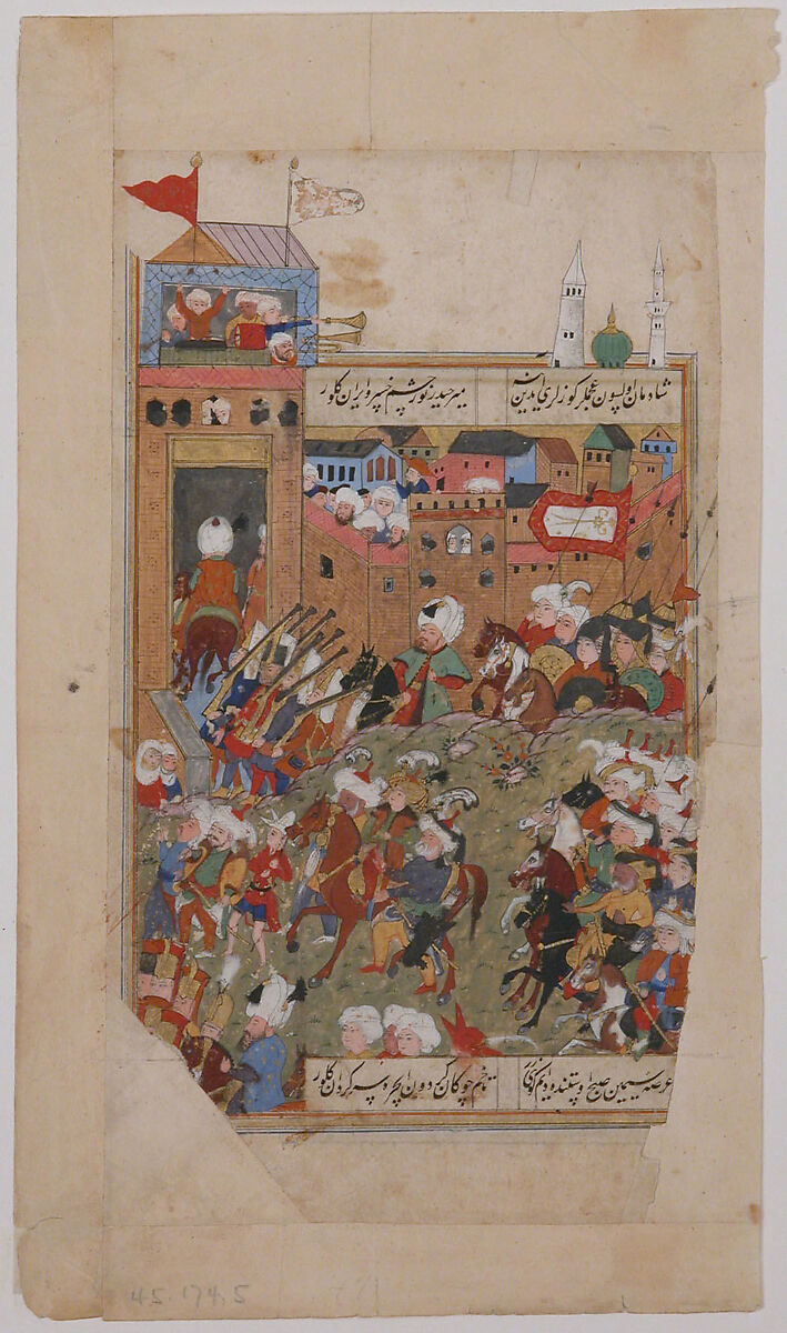 "Ottoman Army Entering a City", Folio from a Divan of Mahmud `Abd al-Baqi, Mahmud 'Abd-al Baqi (1526–1600), Ink, opaque watercolor, and gold on paper