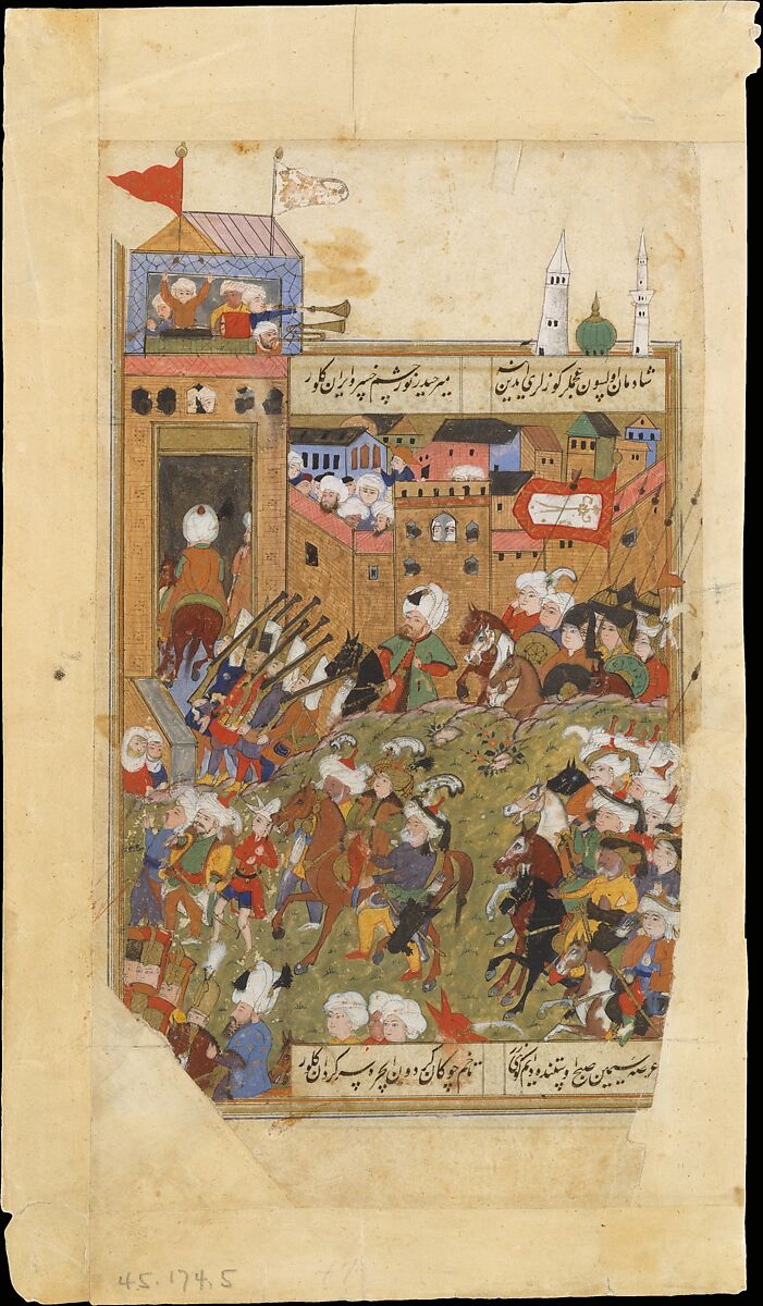 "Ottoman Army Entering a City", Folio from a Divan of Mahmud `Abd al-Baqi, Mahmud 'Abd-al Baqi (1526–1600), Ink, opaque watercolor, and gold on paper