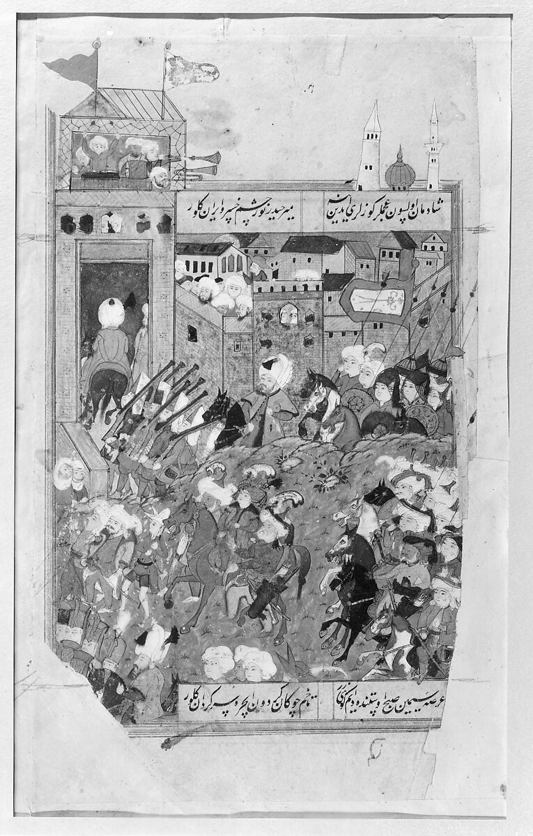 "Ottoman Army Entering a City", Folio from a Divan of Mahmud `Abd al-Baqi, Mahmud 'Abd-al Baqi (1526–1600), Ink, opaque watercolor, and gold on paper