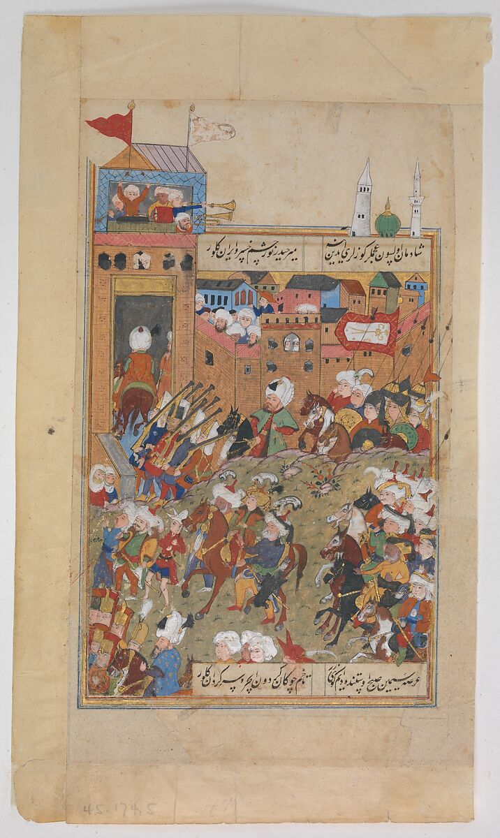 "Ottoman Army Entering a City", Folio from a Divan of Mahmud `Abd al-Baqi, Mahmud &#39;Abd-al Baqi (1526–1600), Ink, opaque watercolor, and gold on paper 