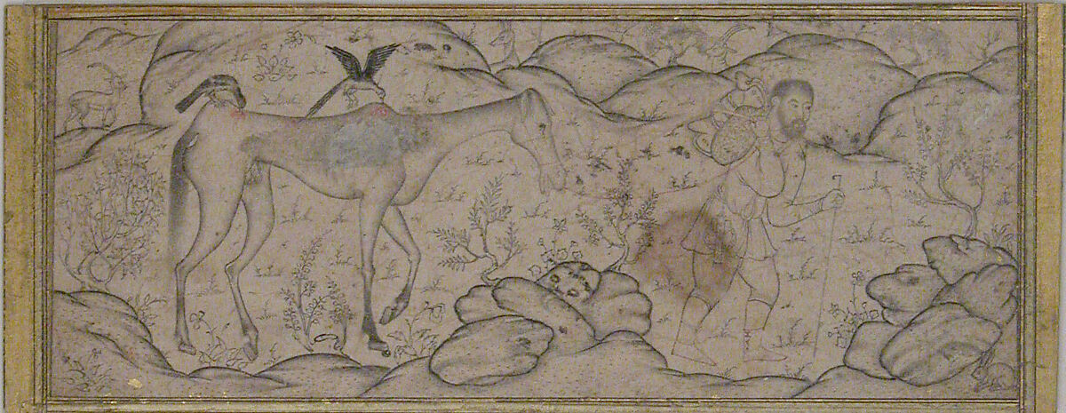 An Emaciated Horse Led by His Master, Ink and watercolor on paper