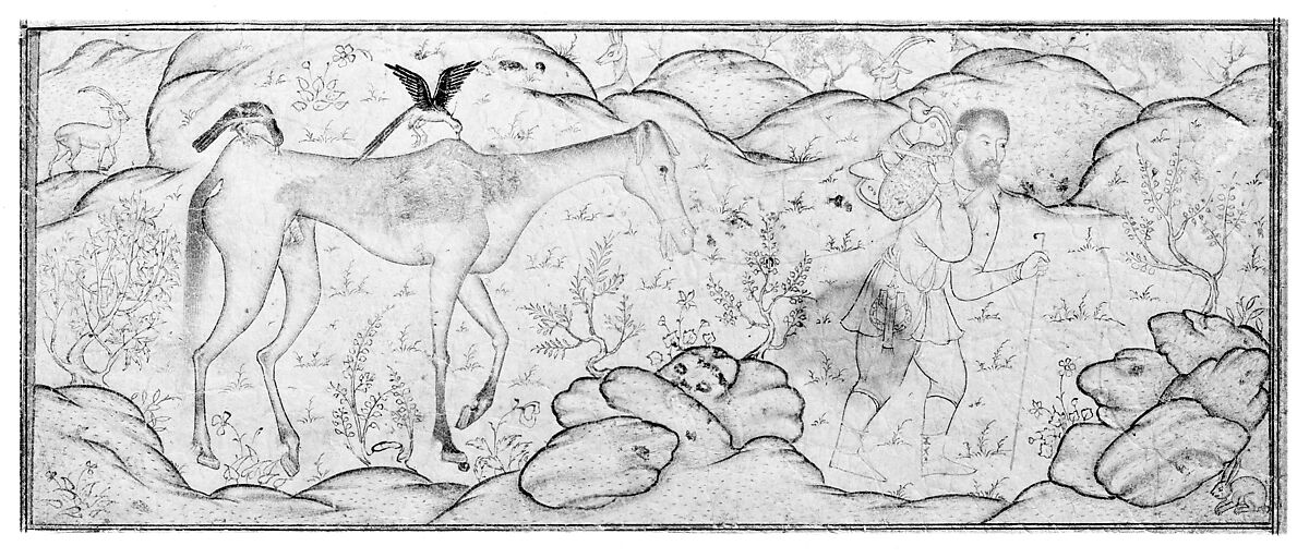 An Emaciated Horse Led by His Master, Ink and watercolor on paper