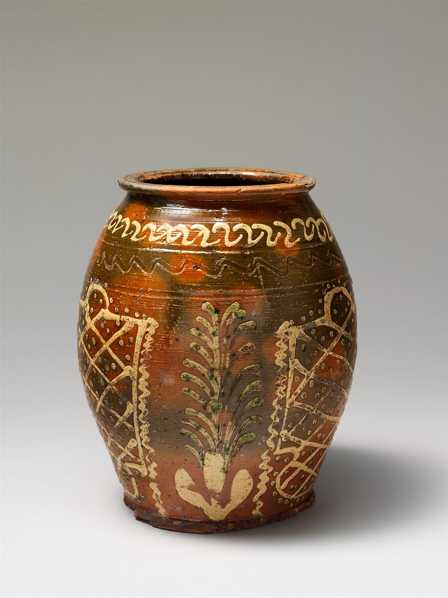 Jar, Attributed to Christian Klinker (active 1773–98), Earthenware; Redware with slip decoration, American 