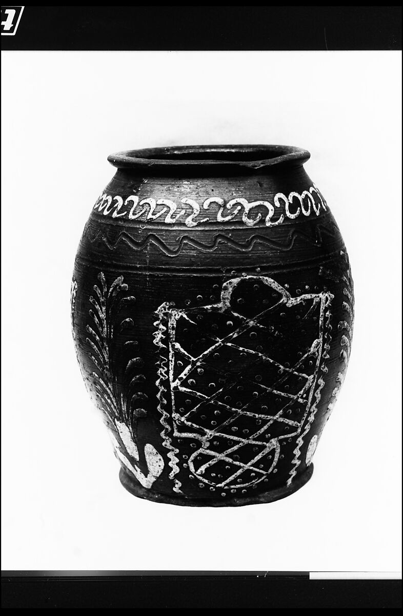 Jar, Attributed to Christian Klinker (active 1773–98), Earthenware; Redware with slip decoration, American