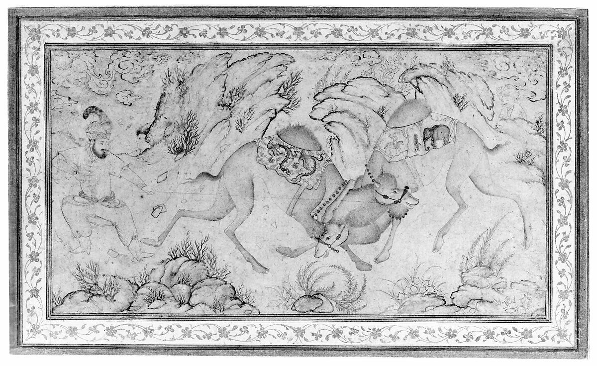 Two Camels Fighting, Ink, watercolor, and gold on paper