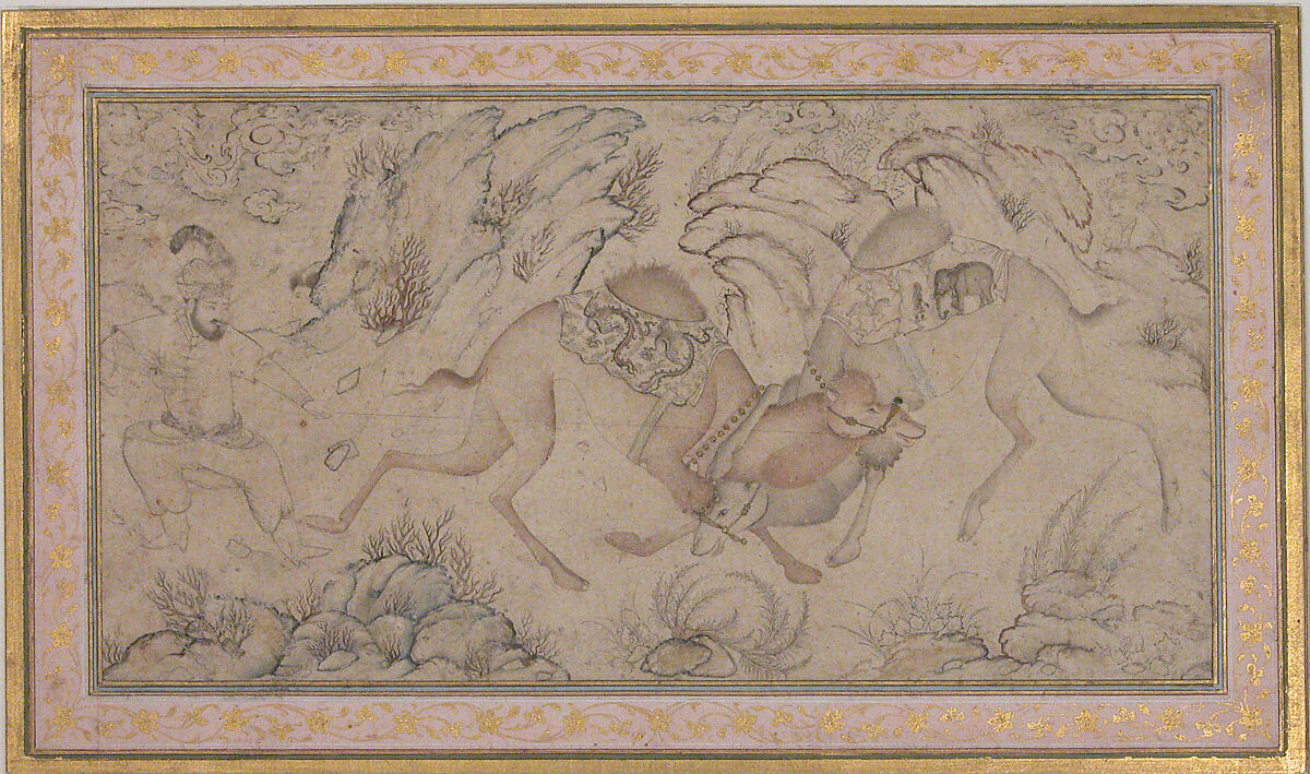 Two Camels Fighting, Ink, watercolor, and gold on paper