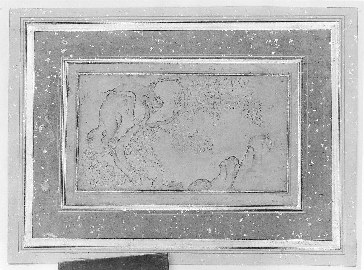 Lion (Chi'lin) in a Landscape, Ink, watercolor, and gold on paper