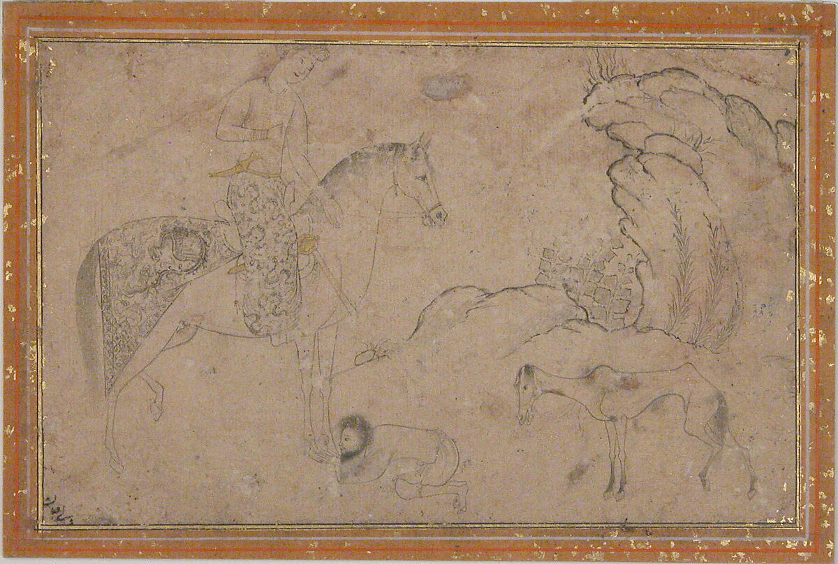 The Prince and the Petitioner, Attributed to Vali Jan (Iranian, born Tabriz), Ink and gold on paper 