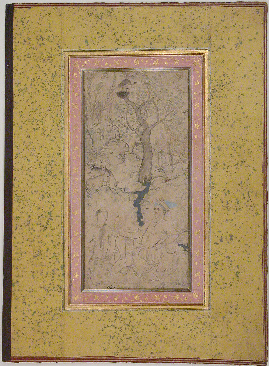 Youthful Falconers in a Landscape, Attributed to Vali Jan (Iranian, born Tabriz), Ink, transparent and opaque watercolor, silver, and gold on paper 