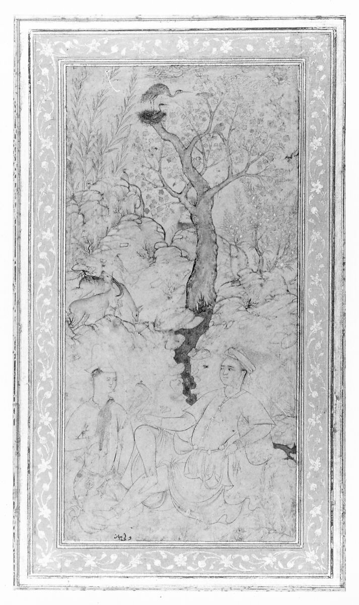 Youthful Falconers in a Landscape, Attributed to Vali Jan (Iranian, born Tabriz), Ink, transparent and opaque watercolor, silver, and gold on paper