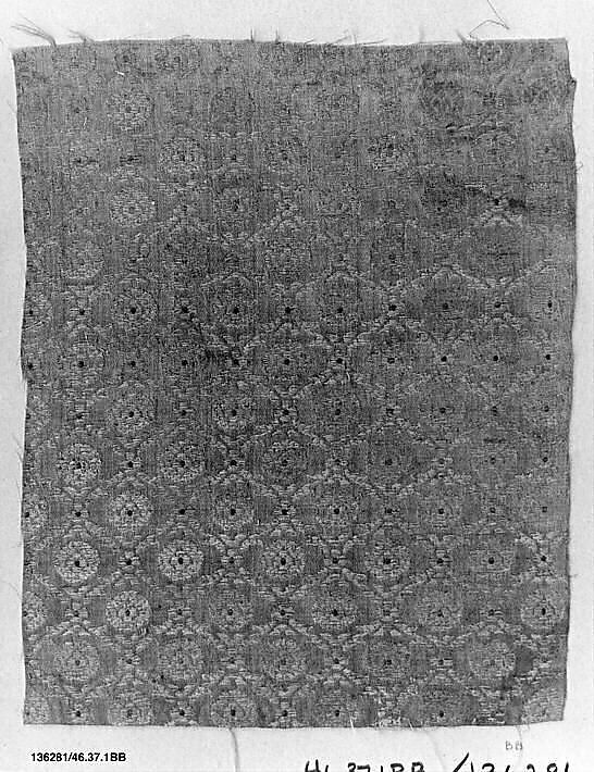 Textile Fragment, Silk, cotton, and metal wrapped thread; brocaded 