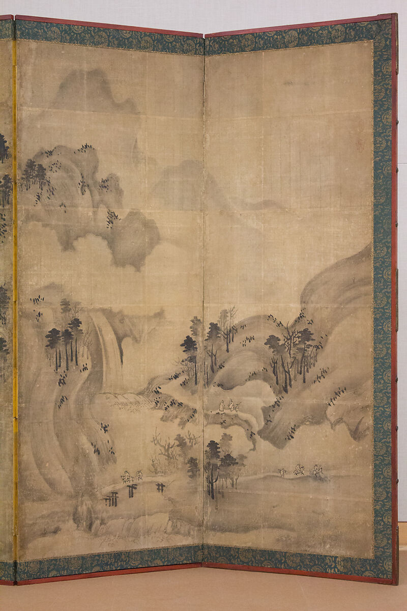 Landscape, Follower of Sesson Shūkei (ca. 1504–ca. 1589), Six-panel folding screen; ink on paper, Japan