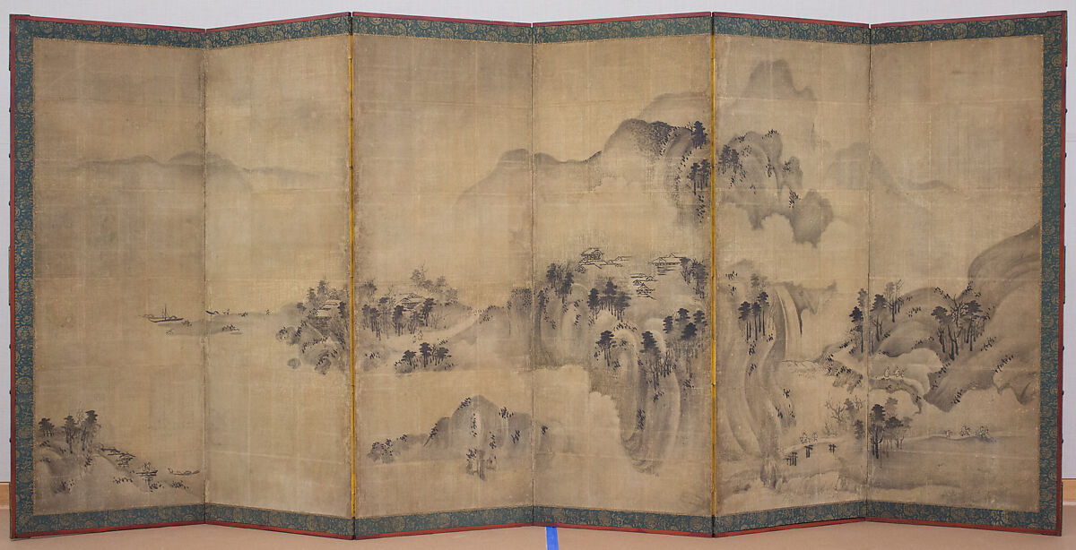Landscape, Follower of Sesson Shūkei (ca. 1504–ca. 1589), Six-panel folding screen; ink on paper, Japan 