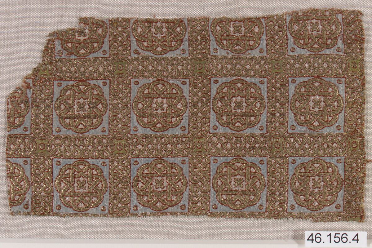 Textile Fragment from the Dalmatic of San Valerius, Silk, gilt animal substrate around a silk core; lampas with seperable layers in the ground weave