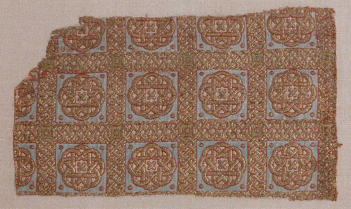 Textile Fragment from the Dalmatic of San Valerius, Silk, gilt animal substrate around a silk core; lampas with seperable layers in the ground weave