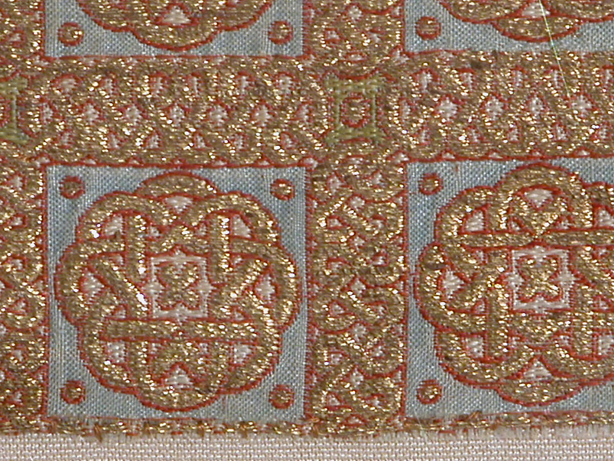 Textile Fragment from the Dalmatic of San Valerius, Silk, gilt animal substrate around a silk core; lampas with seperable layers in the ground weave
