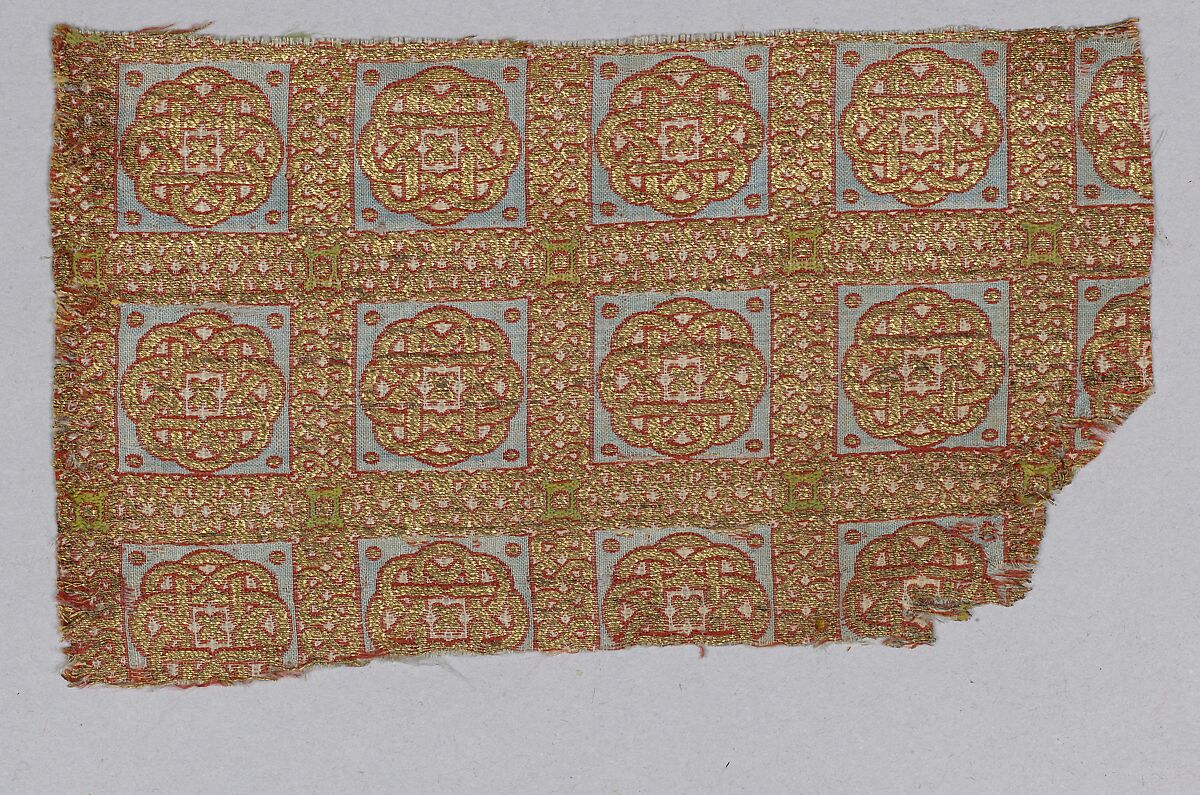 Textile Fragment from the Dalmatic of San Valerius, Silk, gilt animal substrate around a silk core; lampas with seperable layers in the ground weave 