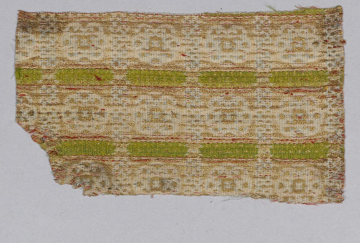 Textile Fragment from the Dalmatic of San Valerius, Silk, gilt animal substrate around a silk core; lampas with seperable layers in the ground weave