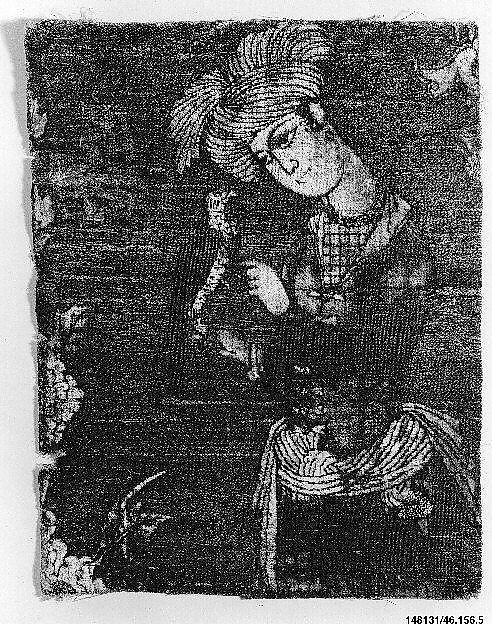 A Young Man Attending to a Falcon, Silk, metal wrapped thread, and continuous floats of flat metal thread; cut and voided velvet, bouclé