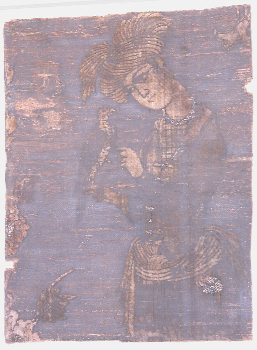 A Young Man Attending to a Falcon, Silk, metal wrapped thread, and continuous floats of flat metal thread; cut and voided velvet, bouclé