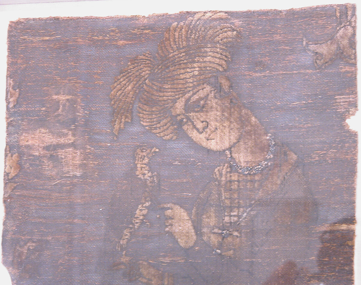 A Young Man Attending to a Falcon, Silk, metal wrapped thread, and continuous floats of flat metal thread; cut and voided velvet, bouclé