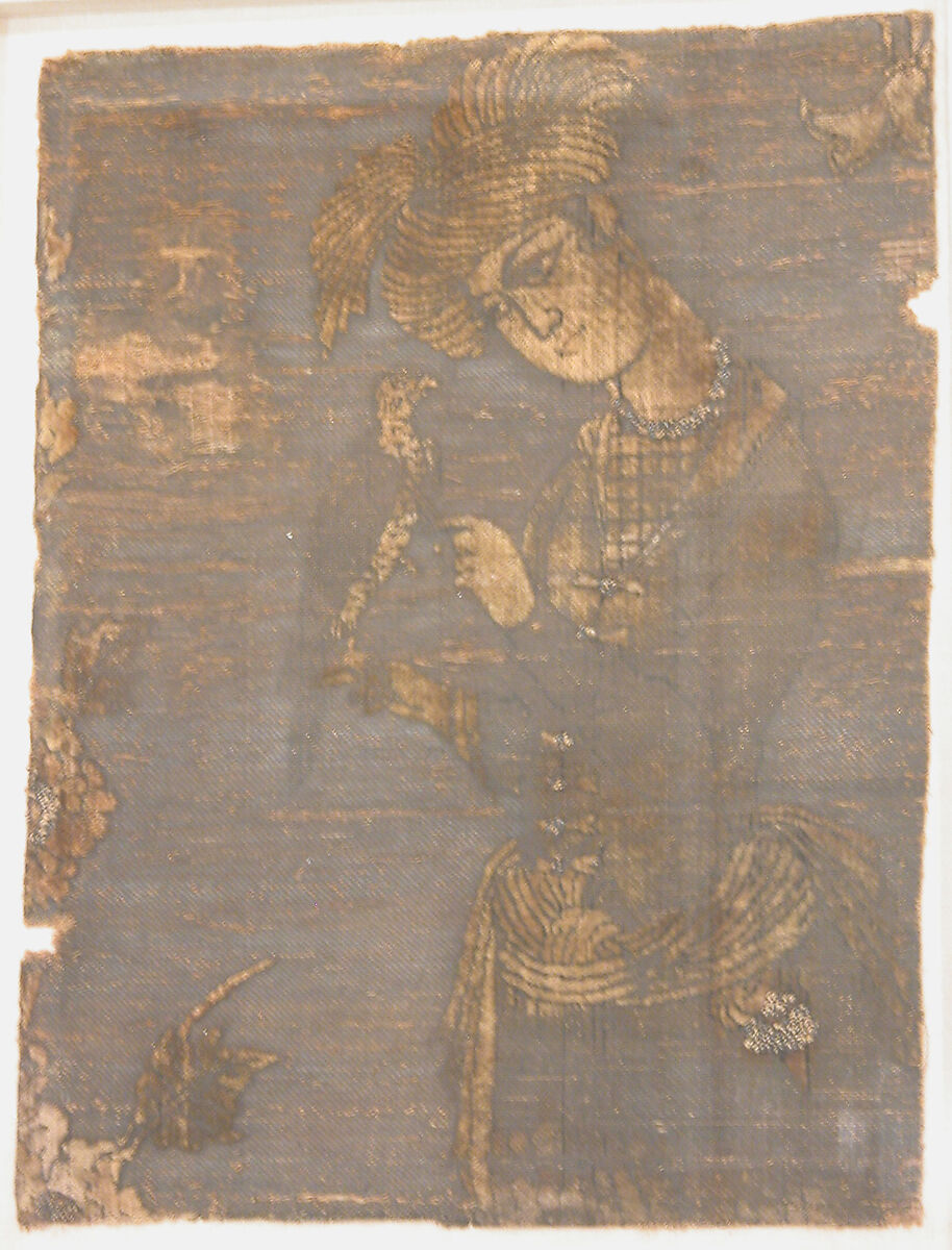 A Young Man Attending to a Falcon, Silk, metal wrapped thread, and continuous floats of flat metal thread; cut and voided velvet, bouclé