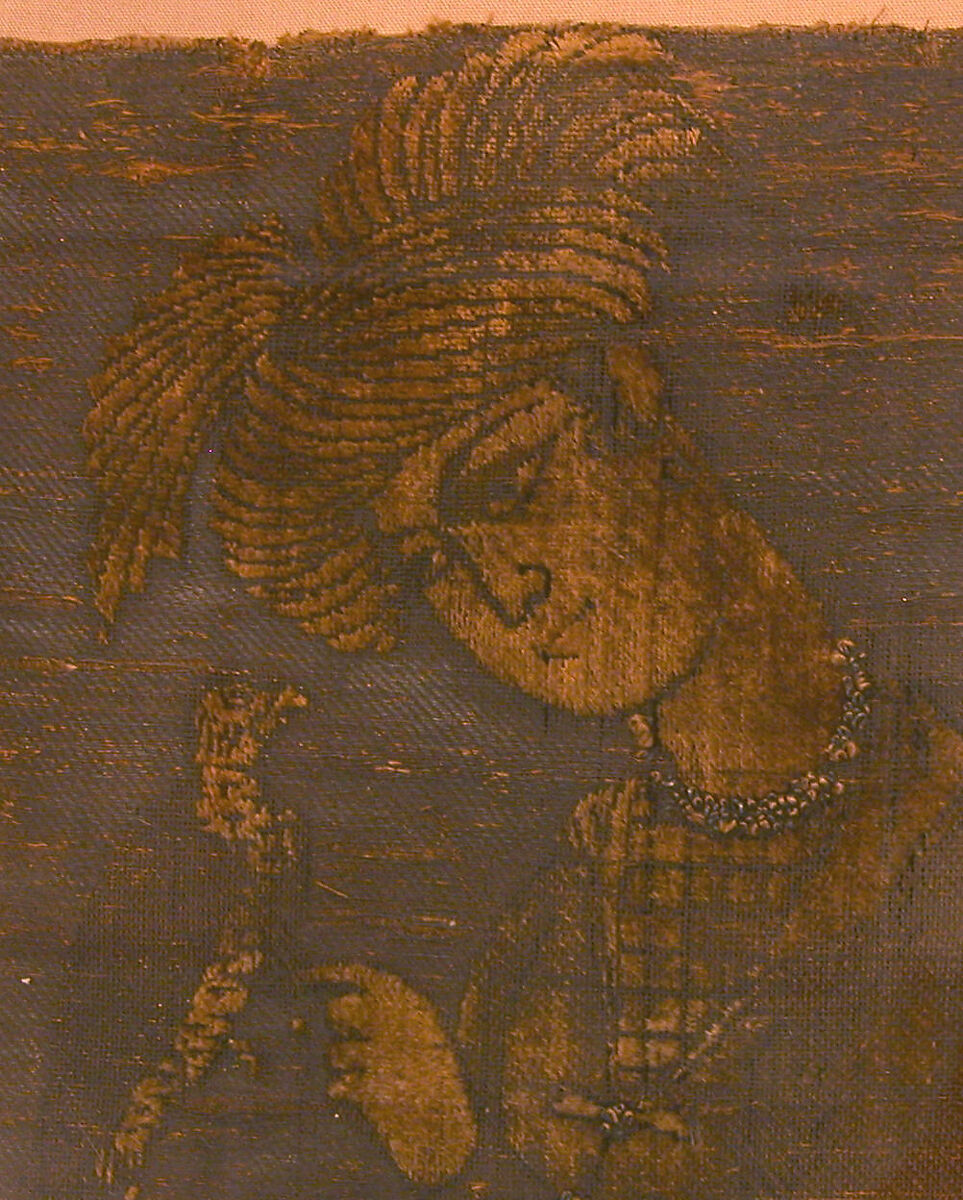 A Young Man Attending to a Falcon, Silk, metal wrapped thread, and continuous floats of flat metal thread; cut and voided velvet, bouclé