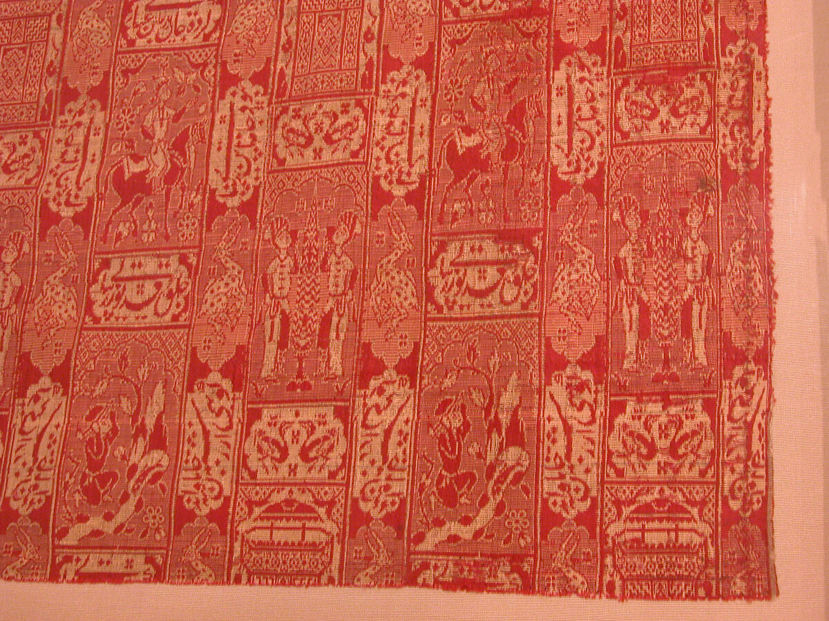 Textile Depicting a Scene from Nizami's Khamsa, Nizami (present-day Azerbaijan, Ganja 1141–1209 Ganja), Silk, metal wrapped thread; double-weave