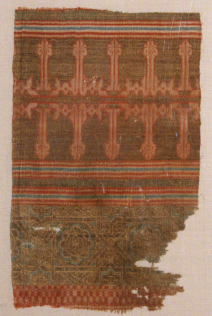 Textile Fragment from the Tomb of Don Felipe, Silk, linen, metal wrapped thread; taqueté 