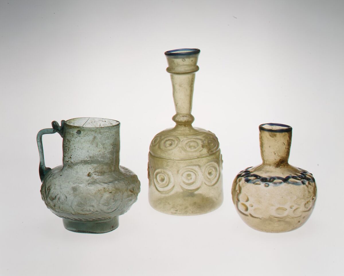 Ewer with Floral Scroll, Glass, green; mold blown, applied handle