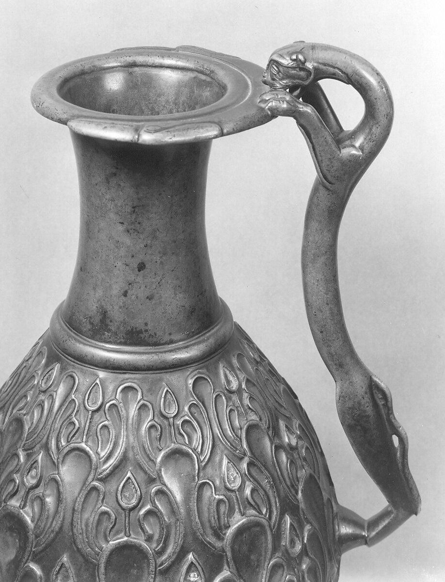 Ewer with a Feline-Shaped Handle, Bronze; cast, chased, and inlaid with copper